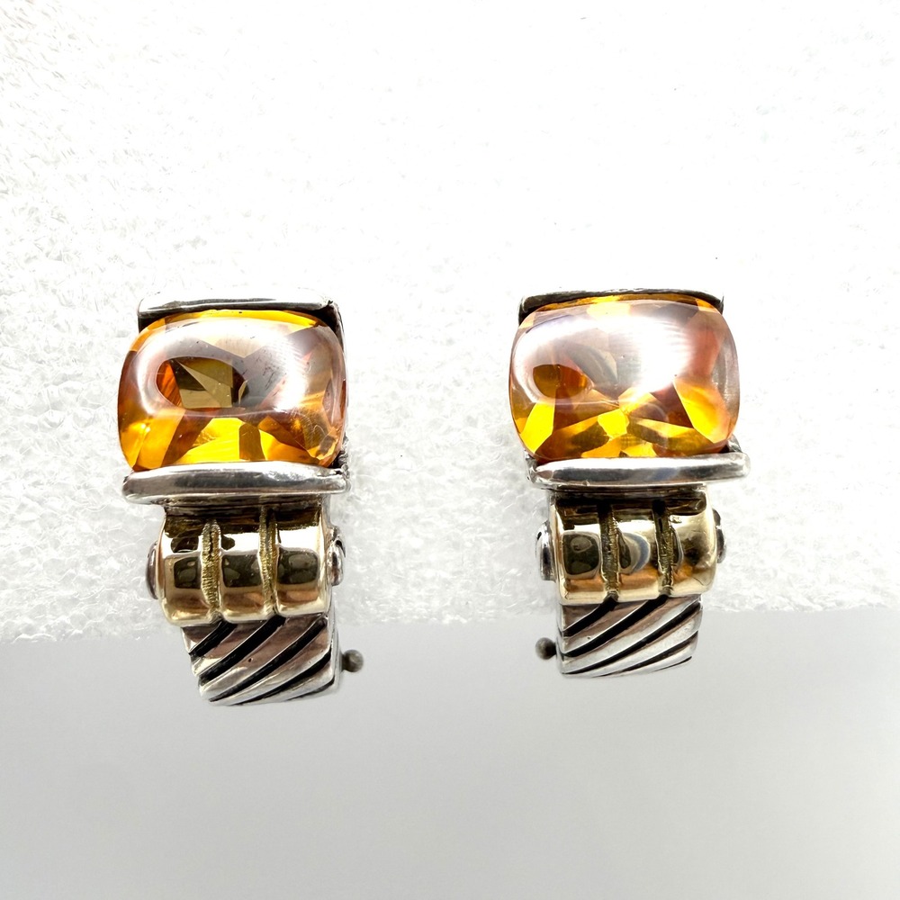 90s Sterling Silver 18k Gold Buff Top Citrine‎ Omega Clip Earrings Signed READ